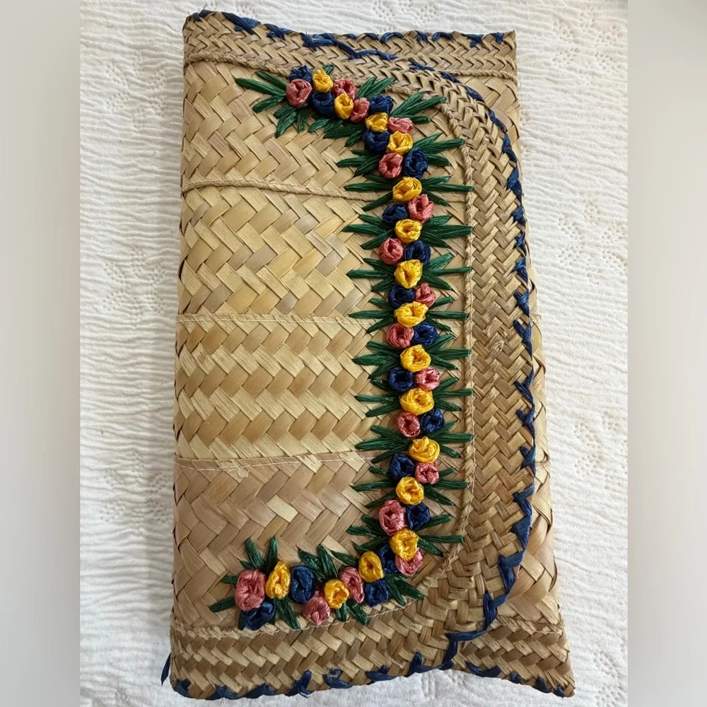 Vintage Straw Clutch Purse Floral woven handmade 11” - Picture 6 of 11